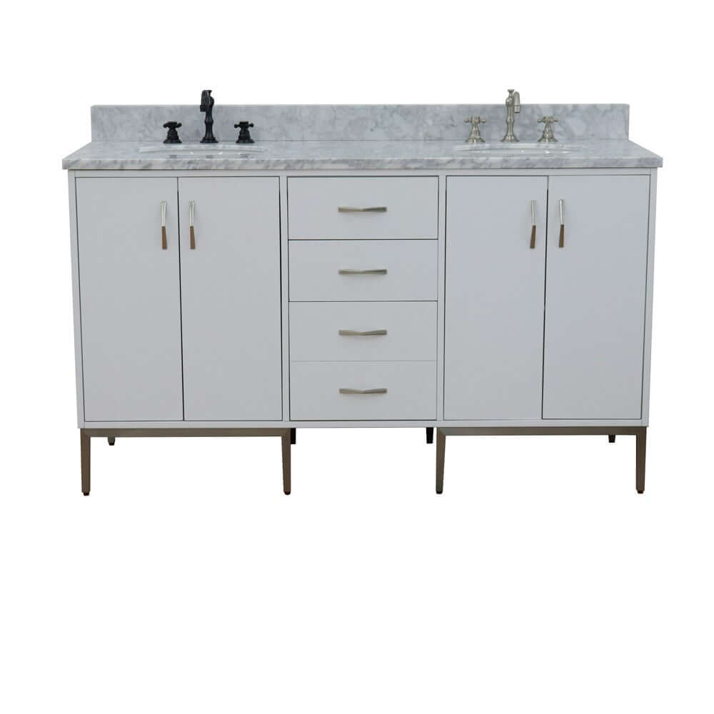 61" Double sink vanity in White finish with White Carrara marble and oval sink - 408001-61D-WH-WMO