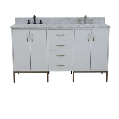 61" Double sink vanity in White finish with White Carrara marble and oval sink - 408001-61D-WH-WMO