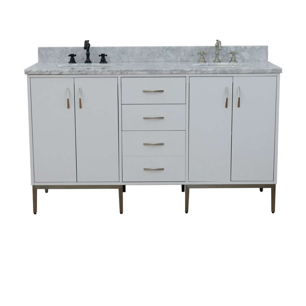 61" Double sink vanity in White finish with White Carrara marble and oval sink - 408001-61D-WH-WMO