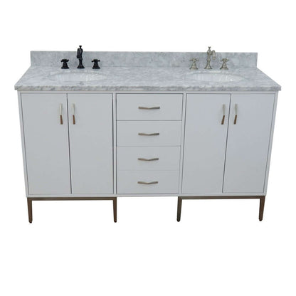 61" Double sink vanity in White finish with White Carrara marble and oval sink - 408001-61D-WH-WMO