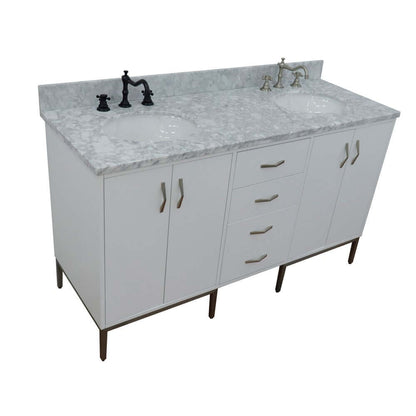 61" Double sink vanity in White finish with White Carrara marble and oval sink - 408001-61D-WH-WMO