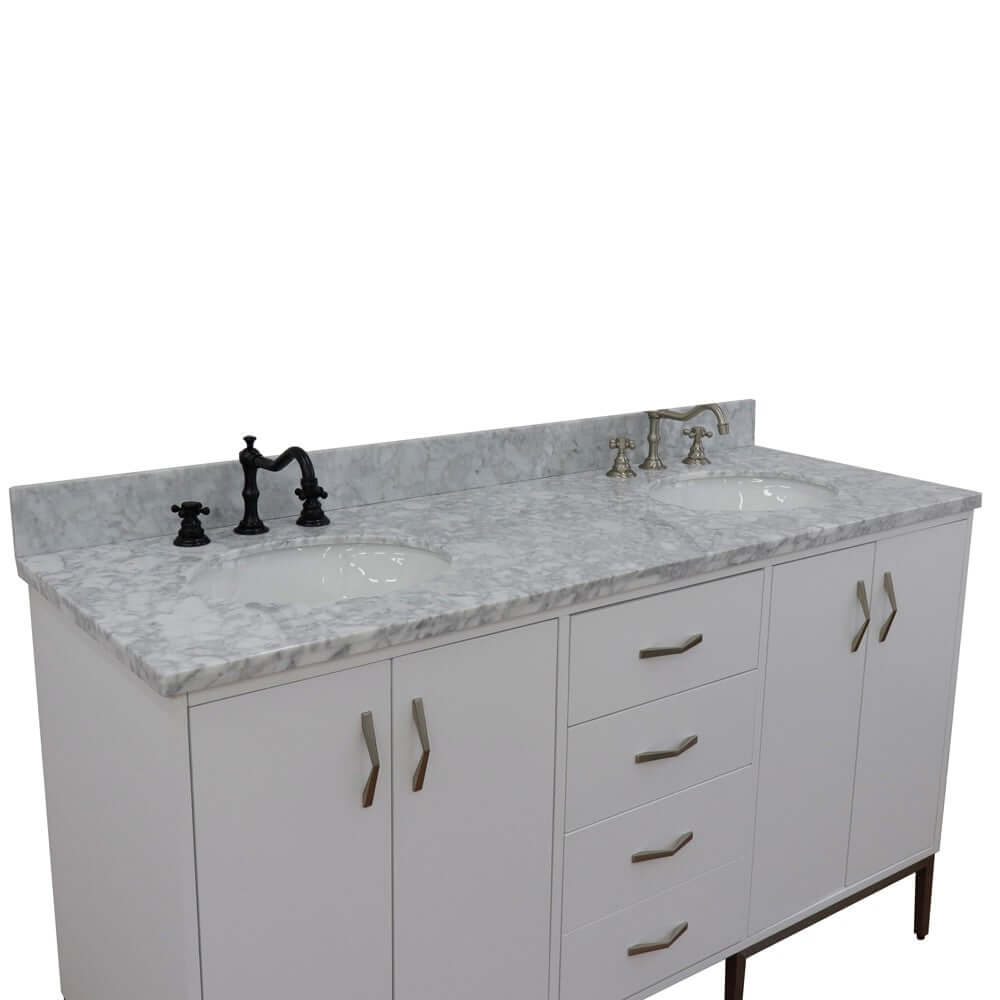 61" Double sink vanity in White finish with White Carrara marble and oval sink - 408001-61D-WH-WMO