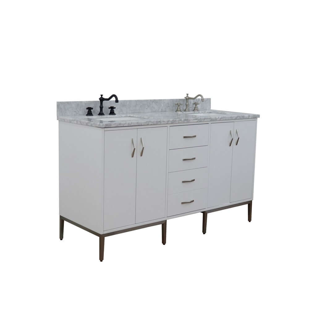 61" Double sink vanity in White finish with White Carrara marble and rectangle sink - 408001-61D-WH-WMR