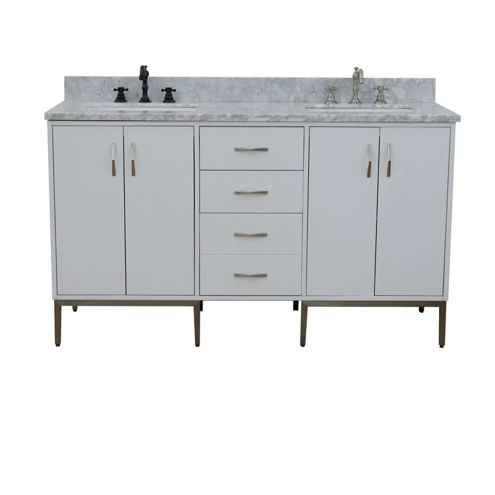 61" Double sink vanity in White finish with White Carrara marble and rectangle sink - 408001-61D-WH-WMR