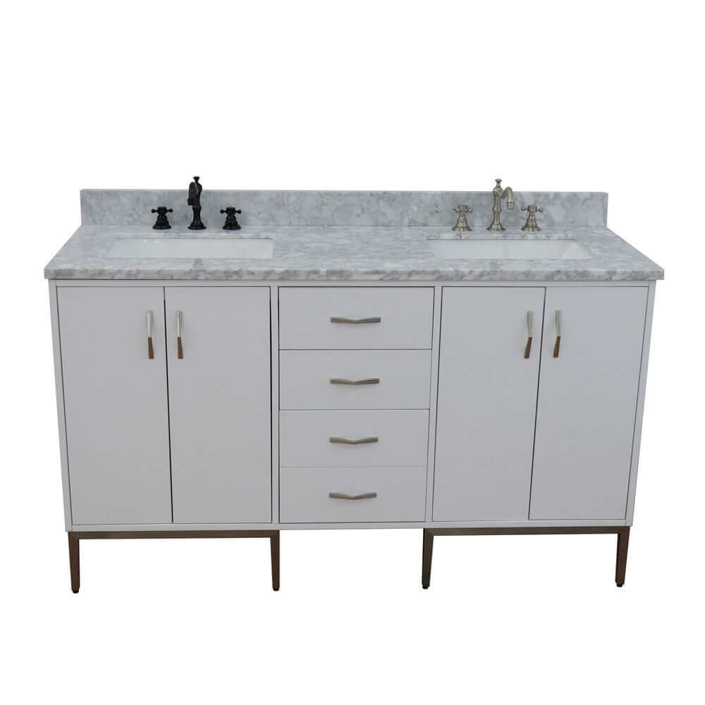 61" Double sink vanity in White finish with White Carrara marble and rectangle sink - 408001-61D-WH-WMR