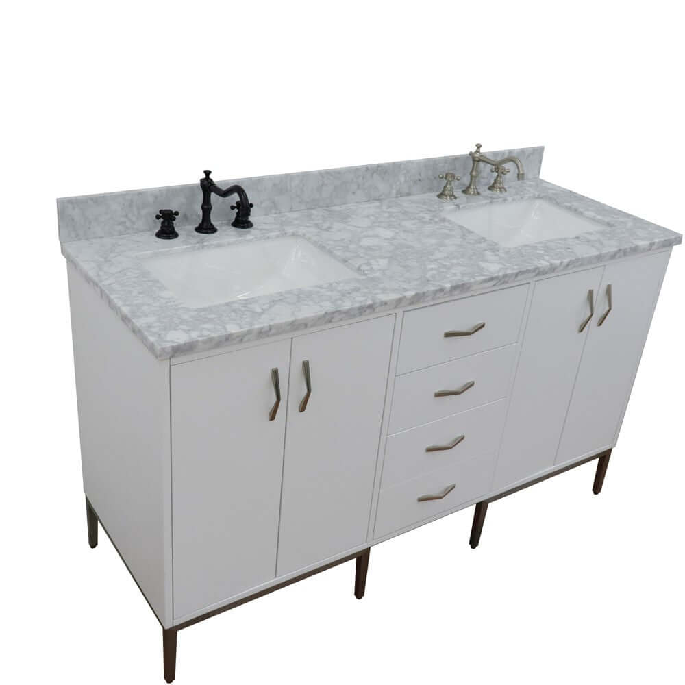 61" Double sink vanity in White finish with White Carrara marble and rectangle sink - 408001-61D-WH-WMR