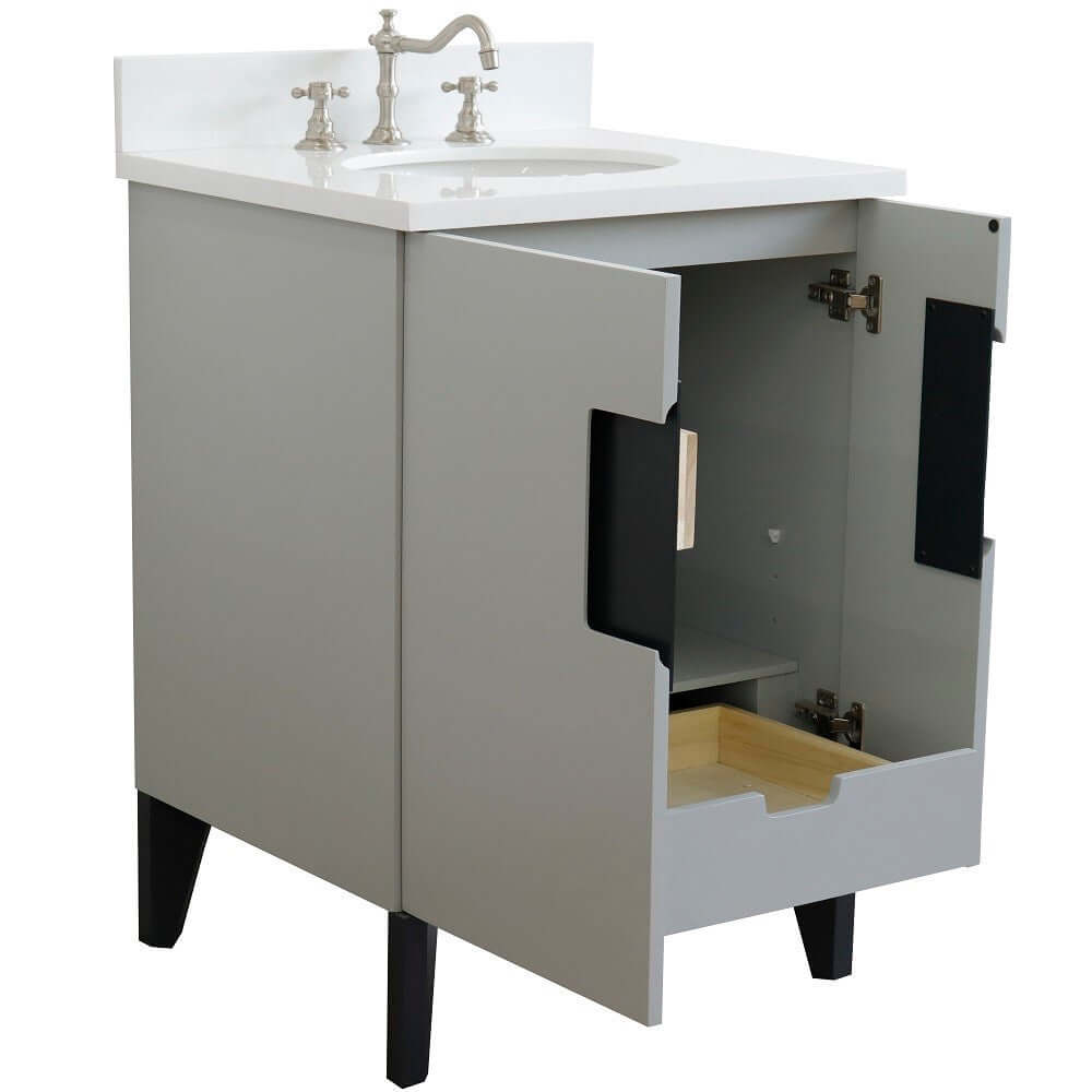 25" Single sink vanity in Light Gray finish with White quartz and oval sink - 408800-25-LG-WEO