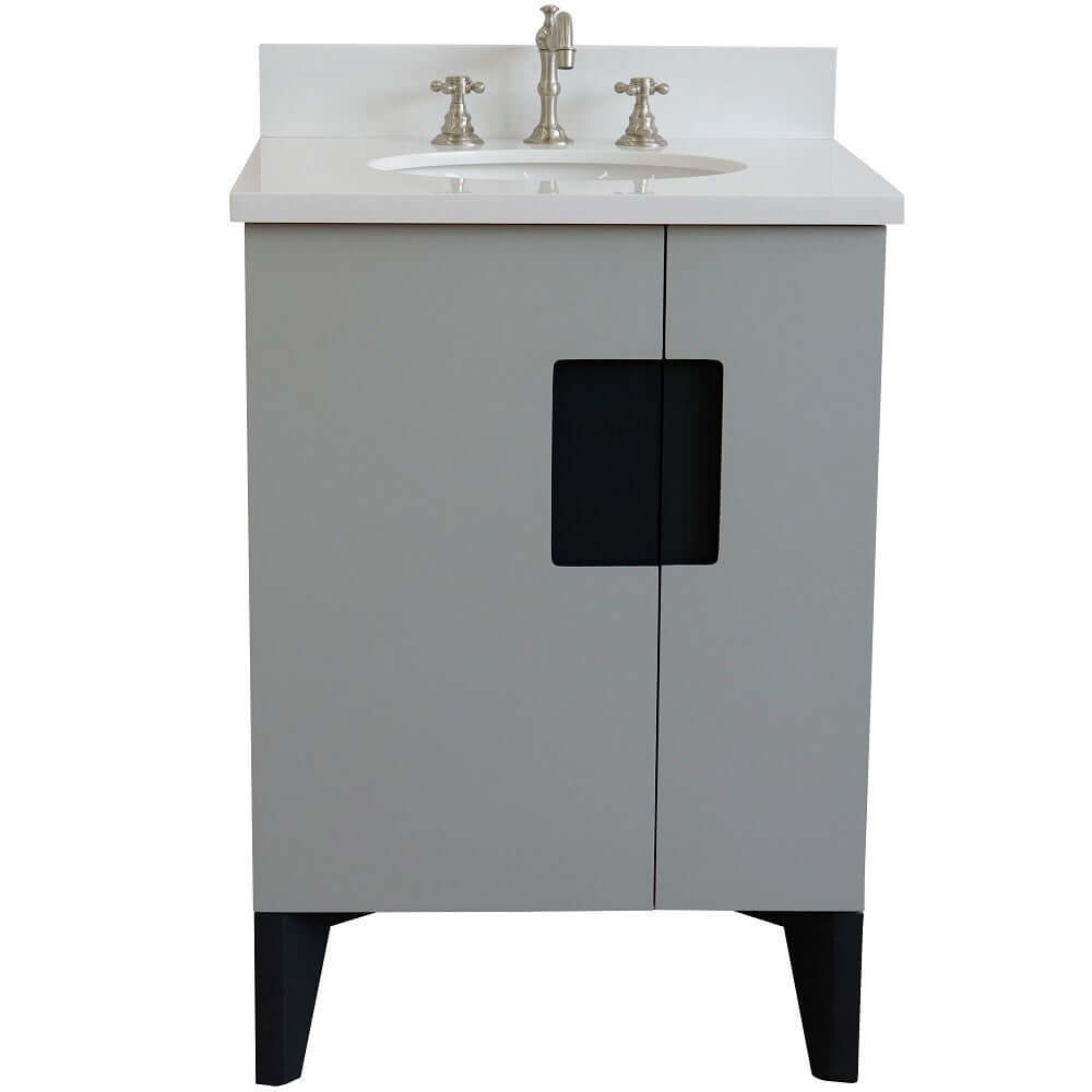 25" Single sink vanity in Light Gray finish with White quartz and oval sink - 408800-25-LG-WEO