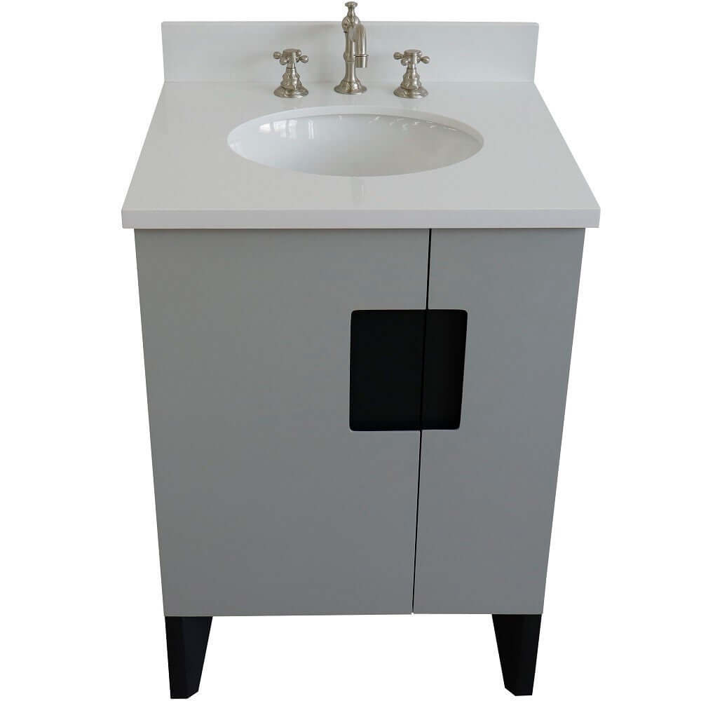 25" Single sink vanity in Light Gray finish with White quartz and oval sink - 408800-25-LG-WEO