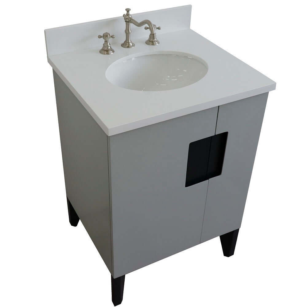 25" Single sink vanity in Light Gray finish with White quartz and oval sink - 408800-25-LG-WEO