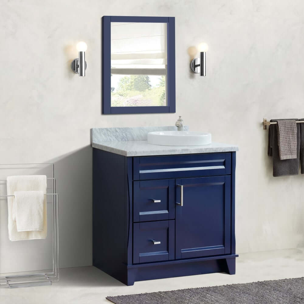37" Single sink vanity in Blue finish with White Carrara marble and LEFT round sink- RIGHT drawers - 400700-37R-BU-WMRDR