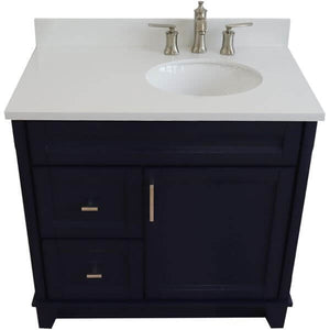 37" Single sink vanity in Blue finish with White quartz and LEFT oval sink- RIGHT drawers - 400700-37R-BU-WEOR
