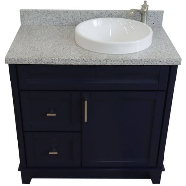 37" Single sink vanity in Blue finish with Gray granite and LEFT round sink- RIGHT drawers - 400700-37R-BU-GYRDR