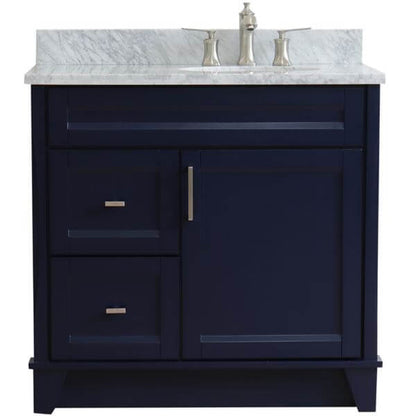 37" Single sink vanity in Blue finish with White Carrara marble and LEFT oval sink- RIGHT drawers - 400700-37R-BU-WMOR