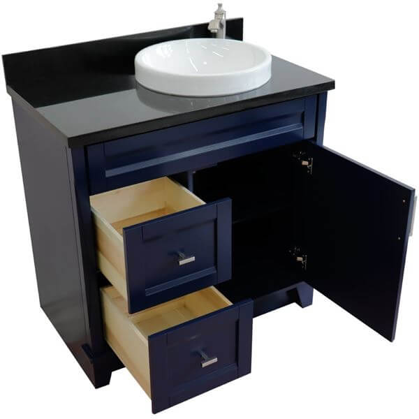 37" Single sink vanity in Blue finish with Black galaxy granite and LEFT round sink- RIGHT drawers - 400700-37R-BU-BGRDR