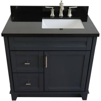 37" Single sink vanity in Dark Gray finish with Black galaxy granite and LEFT rectangle sink- RIGHT drawers - 400700-37R-DG-BGRR