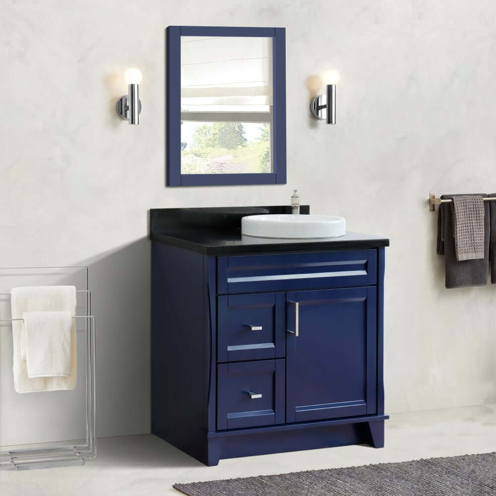 37" Single sink vanity in Blue finish with Black galaxy granite and LEFT round sink- RIGHT drawers - 400700-37R-BU-BGRDR