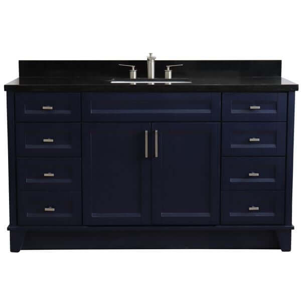 61" Single sink vanity in Blue finish and Black galaxy granite and rectangle sink - 400700-61S-BU-BGR