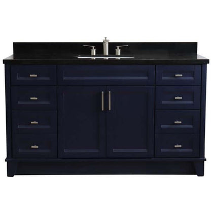 61" Single sink vanity in Blue finish and Black galaxy granite and rectangle sink - 400700-61S-BU-BGR