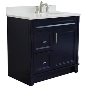 37" Single sink vanity in Blue finish with White quartz and LEFT oval sink- RIGHT drawers - 400700-37R-BU-WEOR