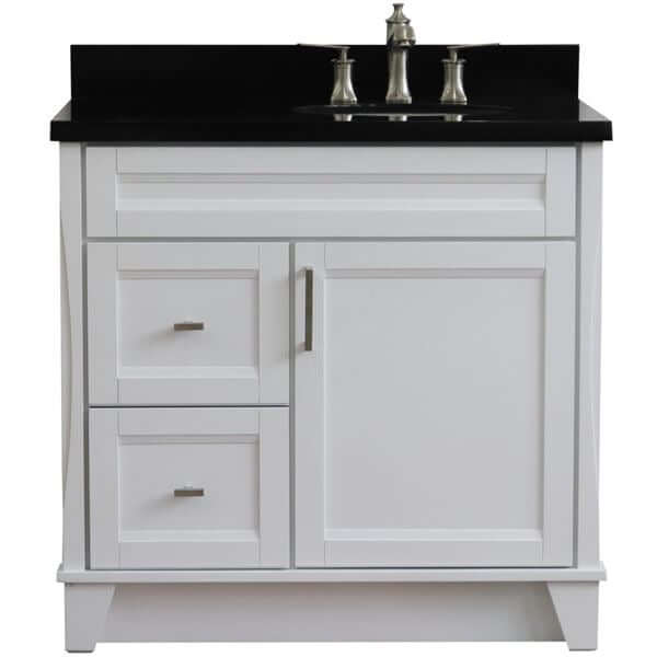 37" Single sink vanity in White finish with Black galaxy granite and LEFT oval sink- RIGHT drawers - 400700-37R-WH-BGOR