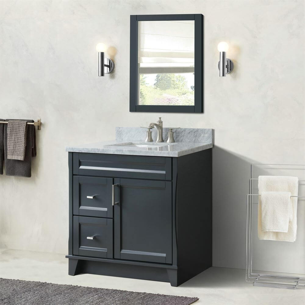 37" Single sink vanity in Dark Gray finish with White Carrara marble and CENTER rectangle sink- RIGHT drawers - 400700-37R-DG-WMRC