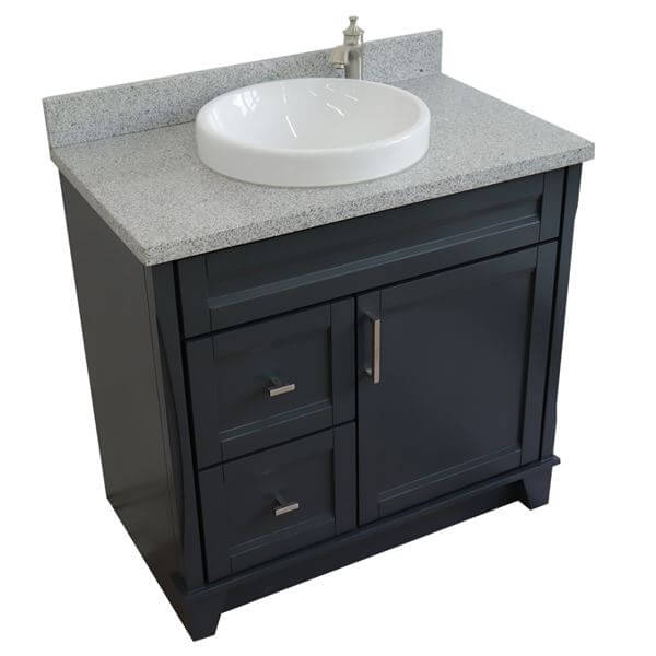 37" Single sink vanity in Dark Gray finish with Gray granite and CENTER round sink- RIGHT drawers - 400700-37R-DG-GYRDC