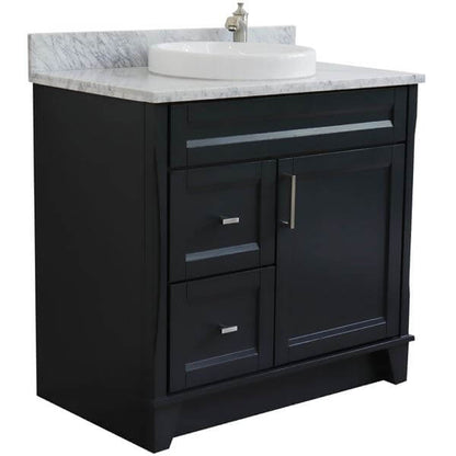 37" Single sink vanity in Dark Gray finish with White Carrara marble and CENTER round sink- RIGHT drawers - 400700-37R-DG-WMRDC