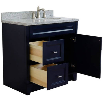 37" Single sink vanity in Blue finish with Gray granite and LEFT oval sink- RIGHT drawers - 400700-37R-BU-GYOR