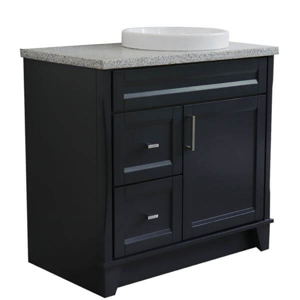 37" Single sink vanity in Dark Gray finish with Gray granite and LEFT round sink- RIGHT drawers - 400700-37R-DG-GYRDR