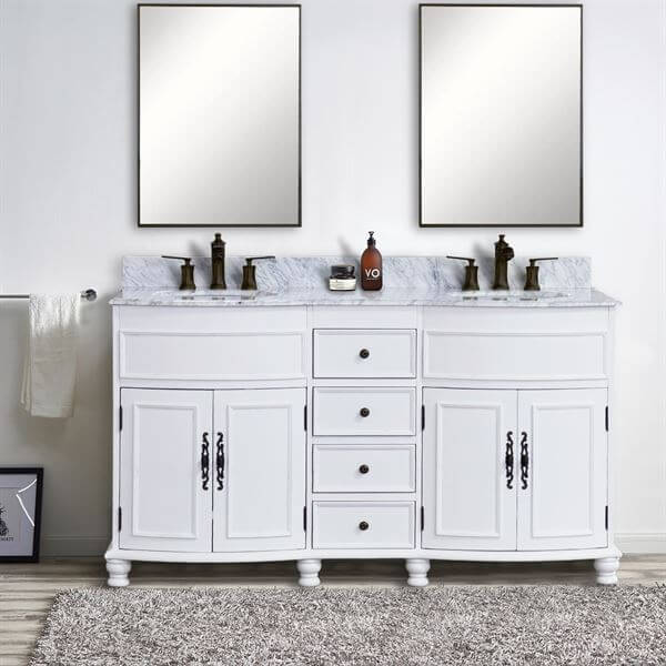 62 in Double sink vanity Antique White finish in White Marble top - 603316-AW-WC
