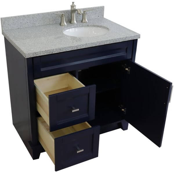 37" Single sink vanity in Blue finish with Gray granite and LEFT oval sink- RIGHT drawers - 400700-37R-BU-GYOR