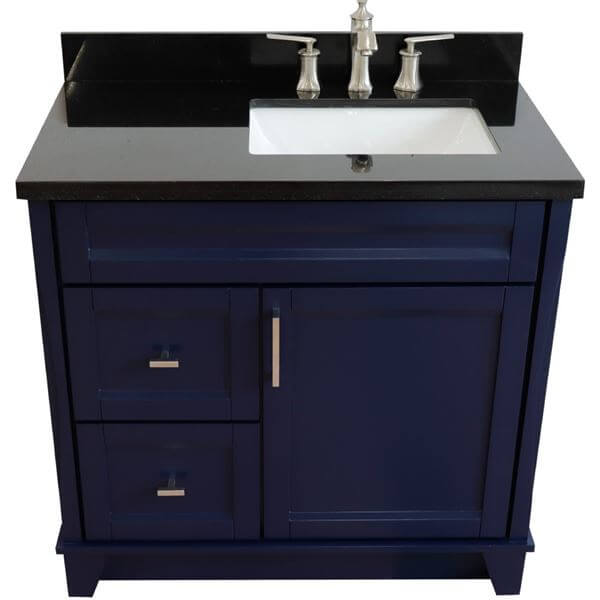 37" Single sink vanity in Blue finish with Black galaxy granite and LEFT rectangle sink- RIGHT drawers - 400700-37R-BU-BGRR