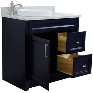 37" Single sink vanity in Blue finish with White Carrara marble and Left door/Round Left sink - 400700-37L-BU-WMRDL