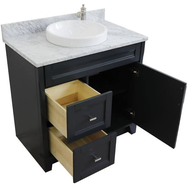 37" Single sink vanity in Dark Gray finish with White Carrara marble and CENTER round sink- RIGHT drawers - 400700-37R-DG-WMRDC