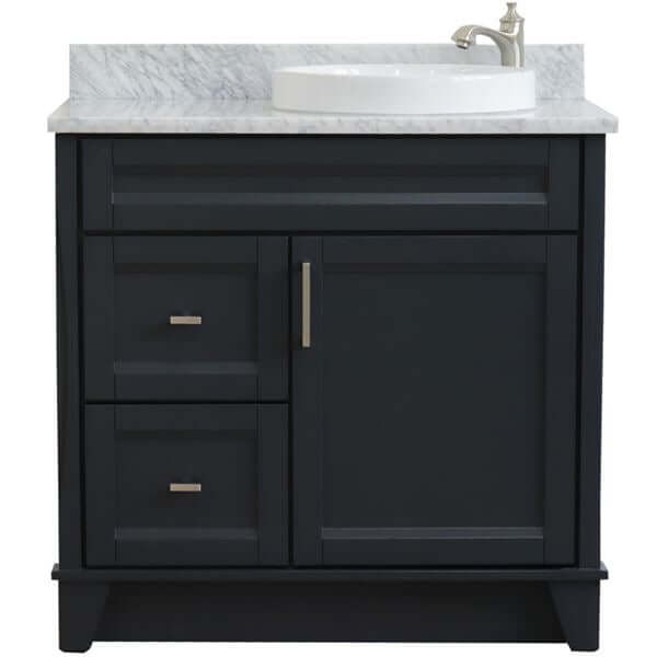 37" Single sink vanity in Dark Gray finish with White Carrara marble and LEFT round sink- RIGHT drawers - 400700-37R-DG-WMRDR