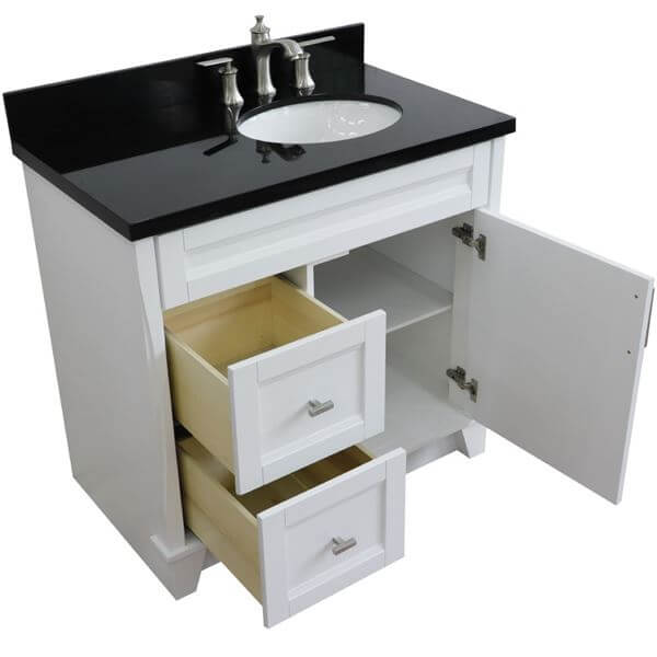 37" Single sink vanity in White finish with Black galaxy granite and LEFT oval sink- RIGHT drawers - 400700-37R-WH-BGOR