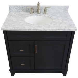 37" Single sink vanity in Dark Gray finish with White Carrara marble and CENTER oval sink- RIGHT drawers - 400700-37R-DG-WMOC