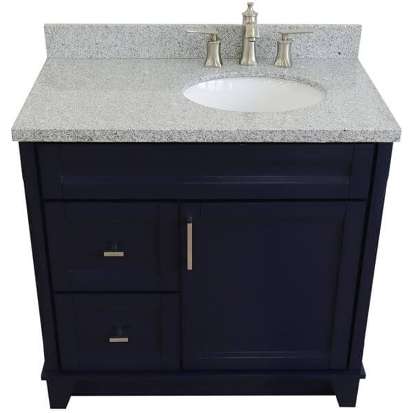 37" Single sink vanity in Blue finish with Gray granite and LEFT oval sink- RIGHT drawers - 400700-37R-BU-GYOR