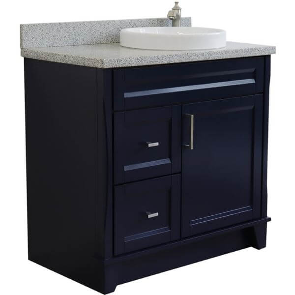 37" Single sink vanity in Blue finish with Gray granite and LEFT round sink- RIGHT drawers - 400700-37R-BU-GYRDR
