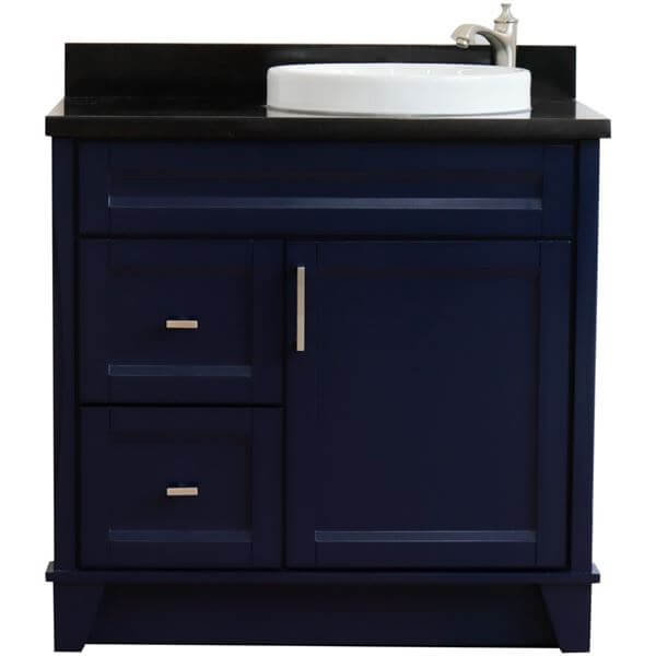 37" Single sink vanity in Blue finish with Black galaxy granite and LEFT round sink- RIGHT drawers - 400700-37R-BU-BGRDR