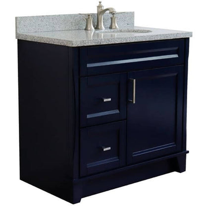 37" Single sink vanity in Blue finish with Gray granite and LEFT oval sink- RIGHT drawers - 400700-37R-BU-GYOR