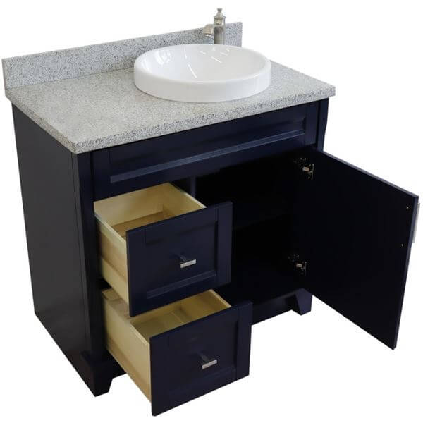 37" Single sink vanity in Blue finish with Gray granite and LEFT round sink- RIGHT drawers - 400700-37R-BU-GYRDR