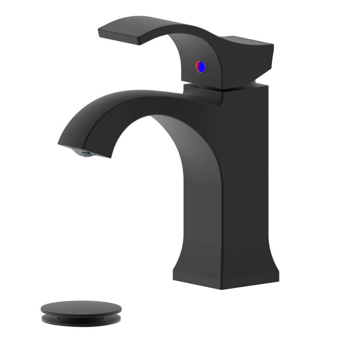 Kediri Single Handle Matte Black Bathroom Faucet with Drain Assembly with Overflow - S8352-1-MB-W