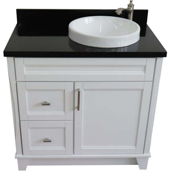 37" Single sink vanity in White finish with Black galaxy granite and LEFT round sink- RIGHT drawers - 400700-37R-WH-BGRDR