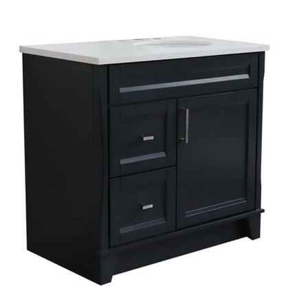 37" Single sink vanity in Dark Gray finish with White quartz and LEFT oval sink- RIGHT drawers - 400700-37R-DG-WEOR