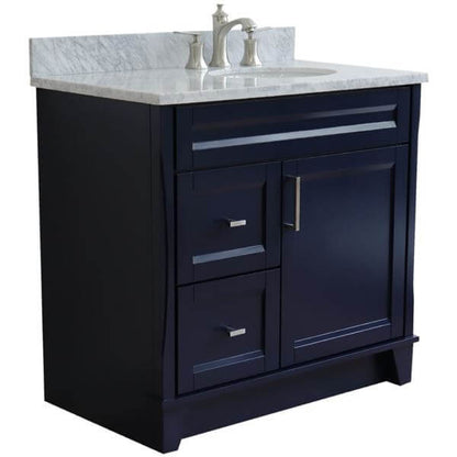 37" Single sink vanity in Blue finish with White Carrara marble and LEFT oval sink- RIGHT drawers - 400700-37R-BU-WMOR