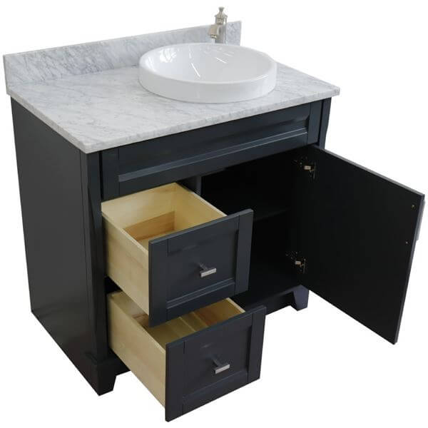 37" Single sink vanity in Dark Gray finish with White Carrara marble and LEFT round sink- RIGHT drawers - 400700-37R-DG-WMRDR