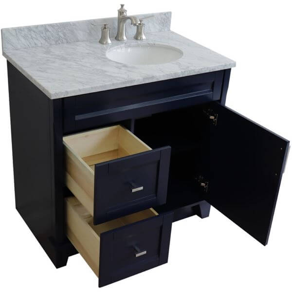 37" Single sink vanity in Blue finish with White Carrara marble and LEFT oval sink- RIGHT drawers - 400700-37R-BU-WMOR