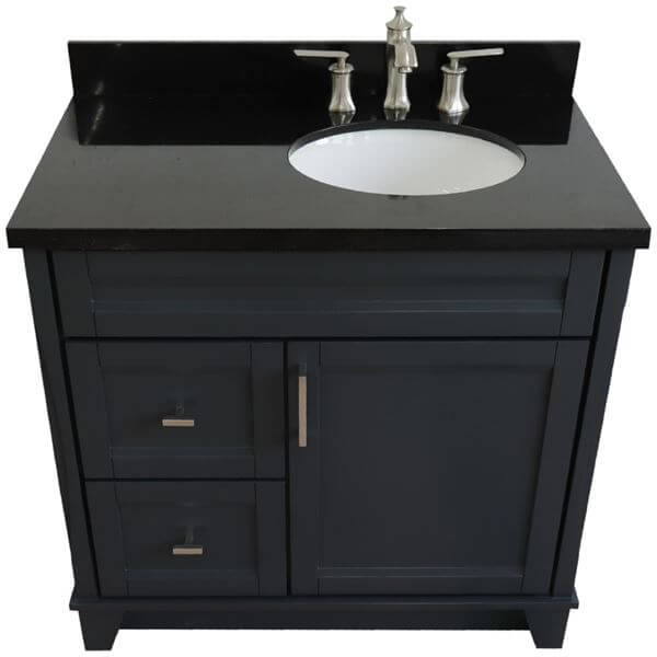 37" Single sink vanity in Dark Gray finish with Black galaxy granite and LEFT oval sink- RIGHT drawers - 400700-37R-DG-BGOR